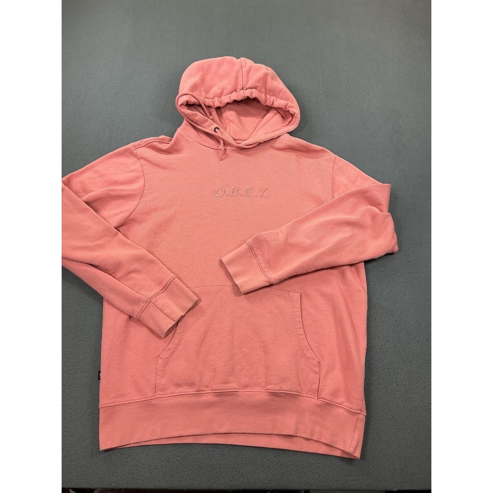 Obey Hoodie Mens Medium Pink Embroidered‎ O.B.E.Y. Logo Pullover Sweatshirt